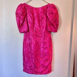 Vintage Hot Pink Lace Overlay Floral Puff Sleeve 80s prom Dress